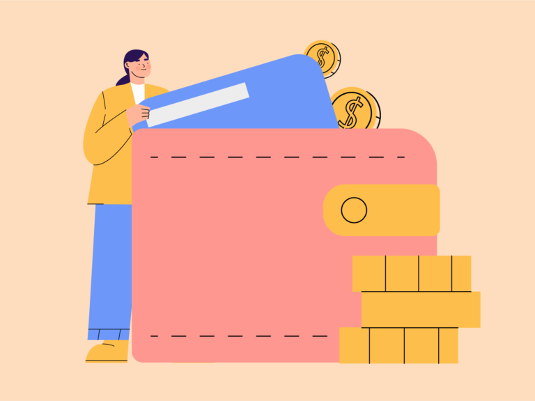 woman saving money on wallet illustration