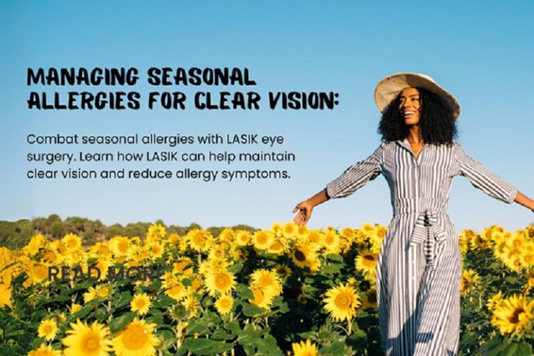 happy woman on a field of flowers; blog title: Managing Seasonal Allergies for Clear Vision